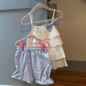 Girls White Lace Tiered Tank with Blue Striped Bow & Matching Shorts